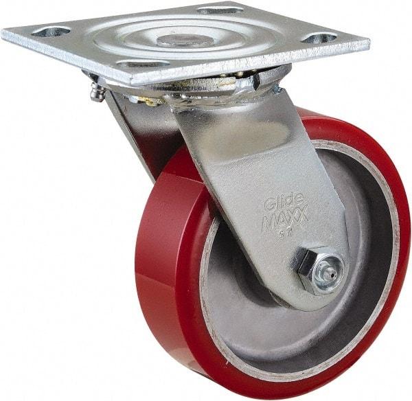 Value Collection - 5" Diam x 1-1/2" Wide x 6-1/2" OAH Top Plate Mount Swivel Caster - Polyurethane, 720 Lb Capacity, Roller Bearing, 4 x 4-1/2" Plate - Caliber Tooling