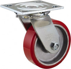 Value Collection - 5" Diam x 1-1/2" Wide x 6-1/2" OAH Top Plate Mount Swivel Caster - Polyurethane, 720 Lb Capacity, Roller Bearing, 4 x 4-1/2" Plate - Caliber Tooling