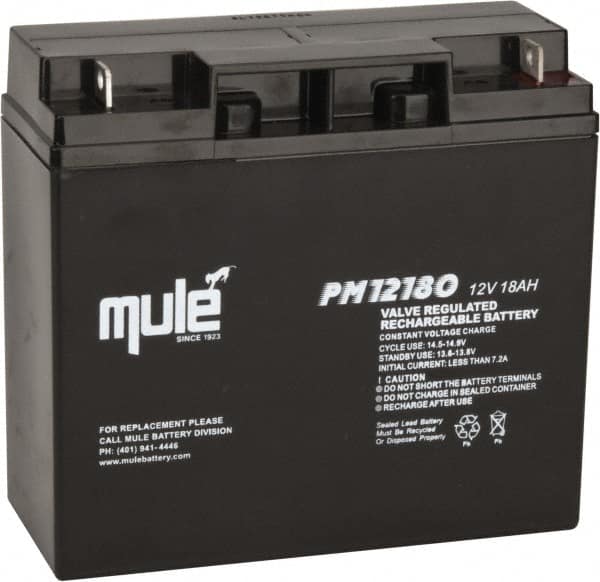 Mule - Lead-Acid, Nut/Bolt Terminal, 12 Volt, 18 Amp, Lead Rechargeable Battery - 1/4" Hole Diam, 2.56" Wide x 6.57" High x 7.13" Deep - Caliber Tooling