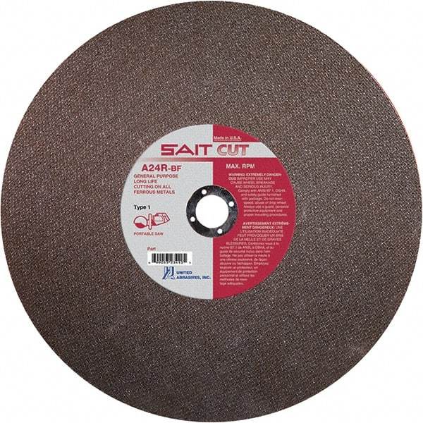 Sait - 12" 24 Grit Aluminum Oxide Cutoff Wheel - 1/8" Thick, 1" Arbor, 6,300 Max RPM, Use with Portable Tools - Caliber Tooling