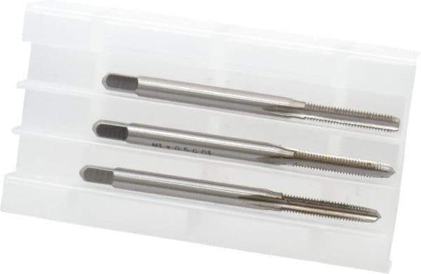 Hertel - M3x0.50 Metric Coarse, 3 Flute, Bottoming, Plug & Taper, Bright Finish, High Speed Steel Tap Set - 1-15/16" OAL, 6H Class of Fit - Caliber Tooling