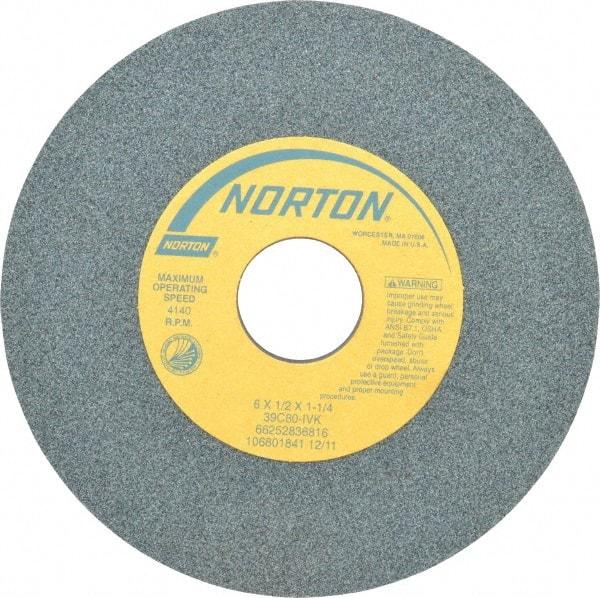 Norton - 6" Diam x 1-1/4" Hole x 1/2" Thick, I Hardness, 60 Grit Surface Grinding Wheel - Silicon Carbide, Type 1, Medium Grade, 4,140 Max RPM, Vitrified Bond, No Recess - Caliber Tooling