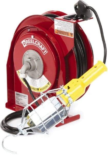 Reelcraft - 16 AWG, 50' Cable Length, Cord & Cable Reel with Incandescent Hand Lamp End - 1 Outlet, NEMA 5-15R, 13 Amps, 125 Volts, SJTOW Cable, Red Reel - Caliber Tooling