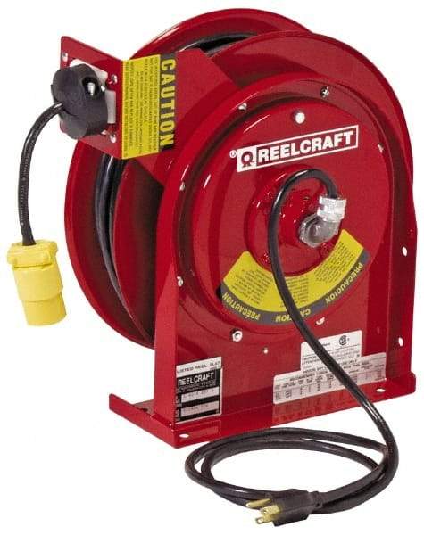 Reelcraft - 12 AWG, 45' Cable Length, Cord & Cable Reel with Outlet End - 1 Outlet, NEMA 5-15R, 15 Amps, 125 Volts, SJEOOW Cable, Red Reel - Caliber Tooling