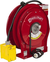 Reelcraft - 12 AWG, 50' Cable Length, Cord & Cable Reel with Duplex GFCI Outlet Box End - 2 Outlets, NEMA 5-15R, 15 Amps, 125 Volts, SEOOW Cable, Red Reel - Caliber Tooling