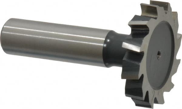 Interstate - 1-3/8" Diam x 1/4" Face Width, High Speed Steel, 14 Teeth, Shank Connection Woodruff Keyseat Cutter - Uncoated, 2-1/4" OAL x 1/2" Shank, Staggered Teeth, ANSI 811, Old Standard 22 - Caliber Tooling