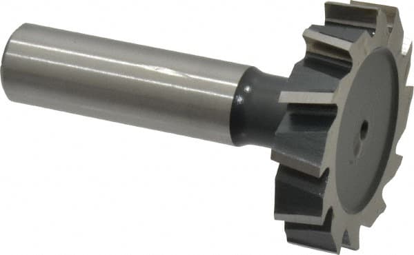 Interstate - 1-1/2" Diam x 5/16" Face Width, High Speed Steel, 12 Teeth, Shank Connection Woodruff Keyseat Cutter - Uncoated, 2-5/16" OAL x 1/2" Shank, Staggered Teeth, ANSI 1012, Old Standard 25 - Caliber Tooling