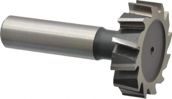 Interstate - 1-3/8" Diam x 3/8" Face Width, High Speed Steel, 14 Teeth, Shank Connection Woodruff Keyseat Cutter - Uncoated, 2-3/8" OAL x 1/2" Shank, Staggered Teeth, ANSI 1211, Old Standard F - Caliber Tooling