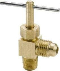 Parker - 3/8 x 1/4" Pipe, Angled Needle Valve - Flare x MNPTF Ends, Brass Valve, 150 Max psi - Caliber Tooling