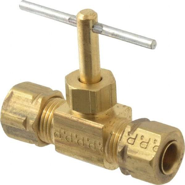 Parker - 1/4" Pipe, Inline Needle Valve - Compression x Compression Ends, Brass Valve, 150 Max psi - Caliber Tooling