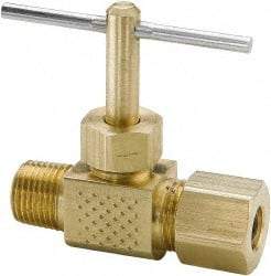 Parker - 3/8 x 1/4" Pipe, Inline Needle Valve - Compression x MNPTF Ends, Brass Valve, 150 Max psi - Caliber Tooling