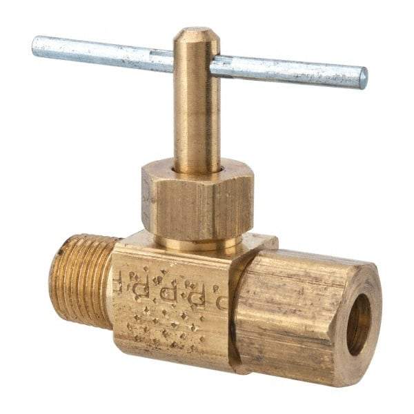 Parker - 1/4 x 1/8" Pipe, Inline Needle Valve - Compression x MNPTF Ends, Brass Valve, 150 Max psi - Caliber Tooling