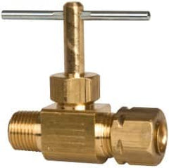 Parker - 3/8 x 1/4" Pipe, Inline Needle Valve - Compression x MNPTF Ends, Brass Valve, 150 Max psi - Caliber Tooling