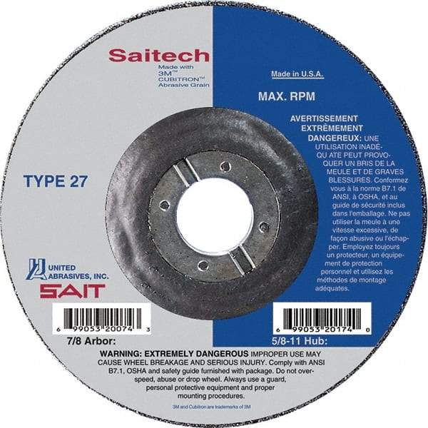 Sait - 4-1/2" Wheel Diam, 3/32" Wheel Thickness, 7/8" Arbor Hole, Type 27 Depressed Center Wheel - Ceramic, Resinoid Bond, 13,300 Max RPM, Compatible with Angle Grinder - Caliber Tooling