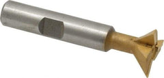 Made in USA - 3/4" Diam x 1/4" Width of Cut, 45° Included Angle, Carbide-Tipped Dovetail Cutter - 3/8" Shank Diam, 2-1/4" Overall Length, 0.02" Corner Radius, Weldon Flat, TiN Coated - Caliber Tooling