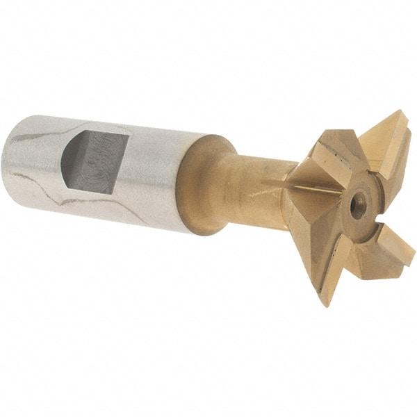 Made in USA - 1-1/2" Diam x 1/2" Width of Cut, 45° Included Angle, Carbide-Tipped Dovetail Cutter - 3/4" Shank Diam, 3-1/4" Overall Length, 0.02" Corner Radius, Weldon Flat, TiN Coated - Caliber Tooling