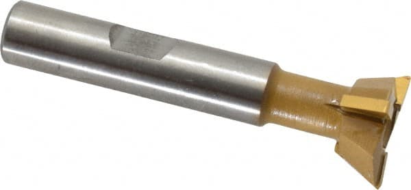 Made in USA - 3/4" Diam x 1/4" Width of Cut, 60° Included Angle, Carbide-Tipped Dovetail Cutter - 3/8" Shank Diam, 2-1/4" Overall Length, 0.02" Corner Radius, Weldon Flat, TiN Coated - Caliber Tooling