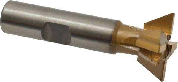 Made in USA - 1" Diam x 3/8" Width of Cut, 60° Included Angle, Carbide-Tipped Dovetail Cutter - 1/2" Shank Diam, 2-1/2" Overall Length, 0.02" Corner Radius, Weldon Flat, TiN Coated - Caliber Tooling