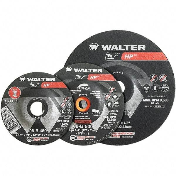 WALTER Surface Technologies - 24 Grit, 7" Wheel Diam, 1/4" Wheel Thickness, Type 28 Depressed Center Wheel - Aluminum Oxide, Resinoid Bond, 8,600 Max RPM - Caliber Tooling