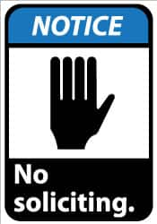 NMC - "Notice - No Soliciting", 14" Long x 10" Wide, Rigid Plastic Safety Sign - Rectangle, 0.05" Thick, Use for Security & Admittance - Caliber Tooling