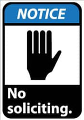 NMC - "Notice - No Soliciting", 14" Long x 10" Wide, Pressure-Sensitive Vinyl Safety Sign - Rectangle, 0.004" Thick, Use for Security & Admittance - Caliber Tooling