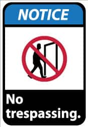 NMC - "Notice - No Trespassing", 14" Long x 10" Wide, Pressure-Sensitive Vinyl Safety Sign - Rectangle, 0.004" Thick, Use for Security & Admittance - Caliber Tooling