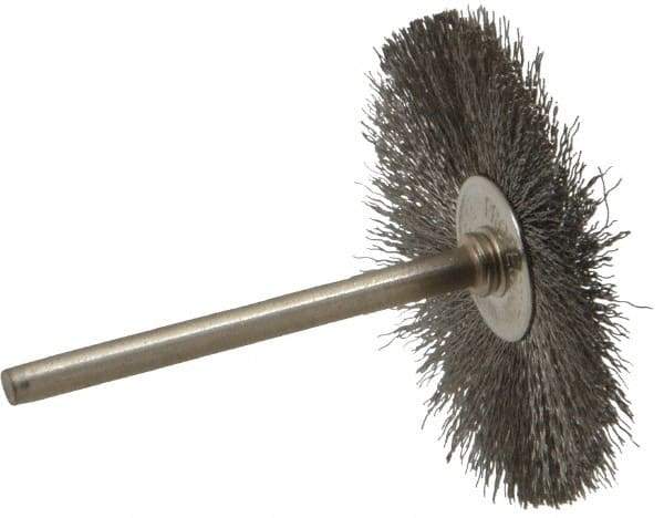 Anderson - 1-1/2" OD, 1/8" Shank Diam, Crimped Stainless Steel Wheel Brush - 0.005" Filament Diam, 25,000 RPM - Caliber Tooling