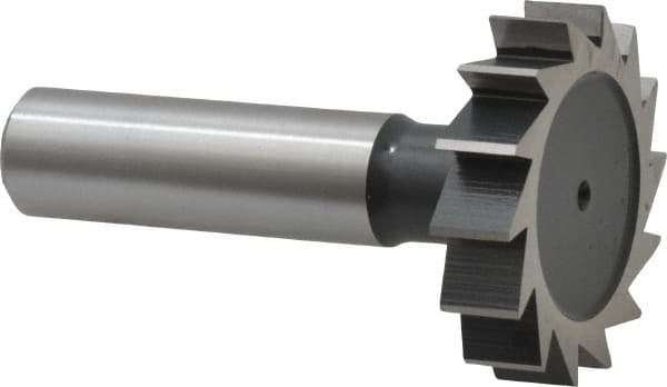 Interstate - 1-3/8" Diam x 5/16" Face Width, High Speed Steel, 14 Teeth, Shank Connection Woodruff Keyseat Cutter - Uncoated, 2-5/16" OAL x 1/2" Shank, Straight Teeth, ANSI 1011, Old Standard 23 - Caliber Tooling