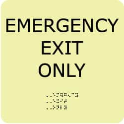 NMC - Emergency Exit Only, Plastic Exit Sign - 8" Wide x 8" High, English/Braille, Glow-in-the-Dark - Caliber Tooling