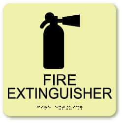 NMC - Fire Extinguisher, Plastic Fire Sign - 8" Wide x 8" High, English/Braille, Glow-in-the-Dark - Caliber Tooling