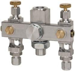 LDI Industries - 5/8-18 Outlet Thread, 1/4 Inlet Thread, Aluminum, Straight Valve, Oil Reservoir Needle Valve Manifold - 2 Outlet, 4-3/16" Wide, NPTF Inlet Thread, UNF Outlet Thread - Caliber Tooling