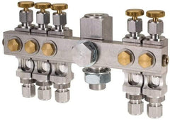 LDI Industries - 5/8-18 Outlet Thread, 1/4 Inlet Thread, Aluminum, Straight Valve, Oil Reservoir Needle Valve Manifold - 5 Outlet, 6-7/16" Wide, NPTF Inlet Thread, UNF Outlet Thread - Caliber Tooling