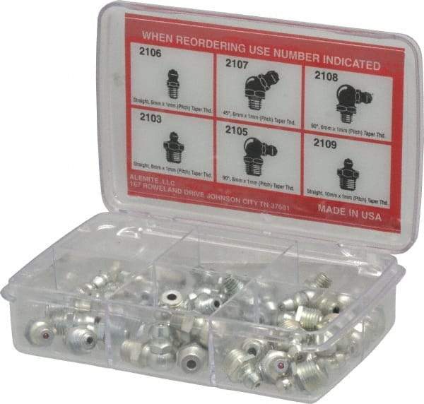 Alemite - 44 Piece, Metric, Box Grease Fitting Set - Includes Metric Thread Types, Includes M10x1: (10) Straight, M6x1: (10) Straight, (6) 45°, (6) 90°, M8x1: (6) Straight, (6) 90° - Caliber Tooling