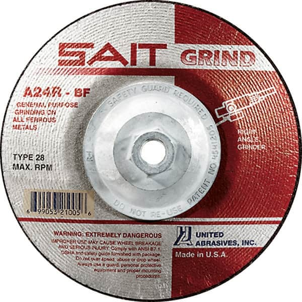 Sait - 24 Grit, 7" Wheel Diam, 1/4" Wheel Thickness, Type 28 Depressed Center Wheel - Aluminum Oxide, Resinoid Bond, R Hardness, 8,500 Max RPM, Compatible with Angle Grinder - Caliber Tooling