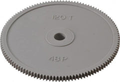 Made in USA - 48 Pitch, 2-1/2" Pitch Diam, 2.542" OD, 120 Tooth Spur Gear - 1/8" Face Width, 1/4" Bore Diam, 39/64" Hub Diam, 20° Pressure Angle, Acetal - Caliber Tooling