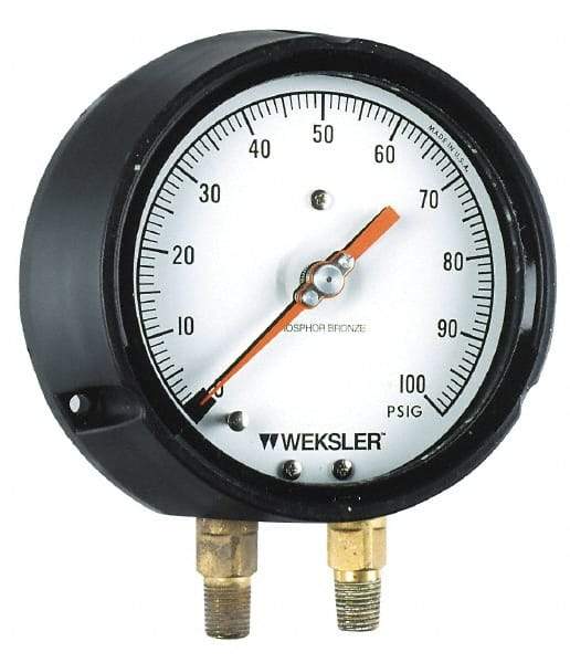 Weksler Instruments - 4-1/2" Dial, 1/4 Thread, 0-200 Scale Range, Pressure Gauge - Lower Connection, Rear Flange Connection Mount - Caliber Tooling