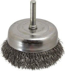 Made in USA - 2-3/4" Diam, 1/4" Shank Crimped Wire Steel Cup Brush - 0.0118" Filament Diam, 7/8" Trim Length, 13,000 Max RPM - Caliber Tooling