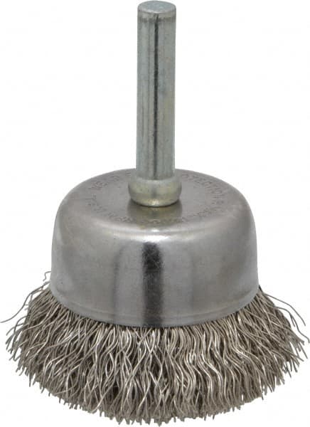 Made in USA - 1-3/4" Diam, 1/4" Shank Crimped Wire Stainless Steel Cup Brush - 0.0118" Filament Diam, 3/4" Trim Length, 13,000 Max RPM - Caliber Tooling