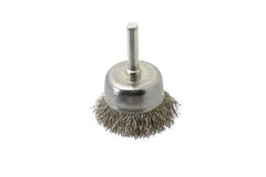 Made in USA - 1-3/4" Diam, 1/4" Shank Crimped Wire Stainless Steel Cup Brush - 0.014" Filament Diam, 3/4" Trim Length, 13,000 Max RPM - Caliber Tooling