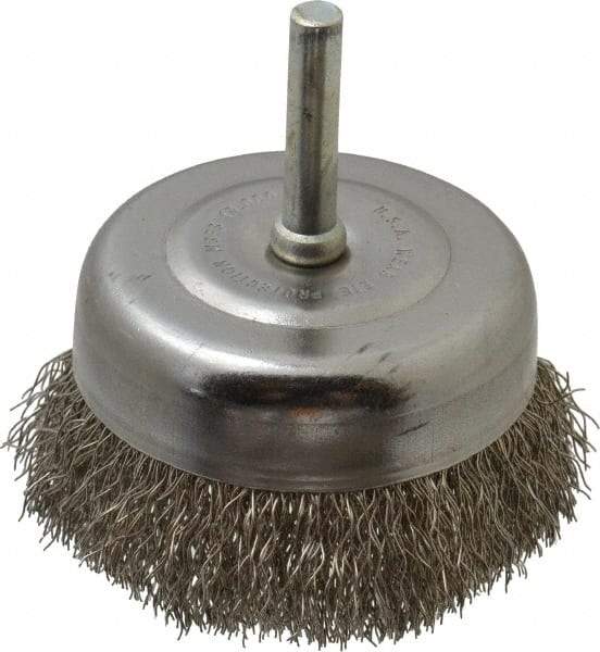 Made in USA - 2-3/4" Diam, 1/4" Shank Crimped Wire Stainless Steel Cup Brush - 0.0118" Filament Diam, 7/8" Trim Length, 13,000 Max RPM - Caliber Tooling