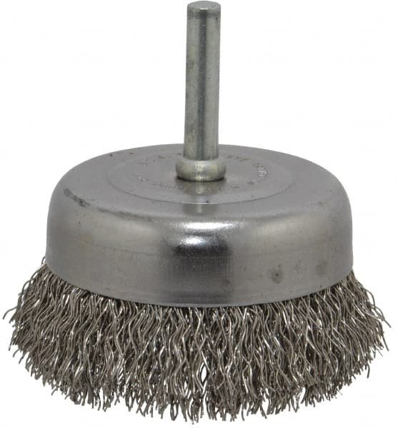 Made in USA - 2-3/4" Diam, 1/4" Shank Crimped Wire Stainless Steel Cup Brush - 0.014" Filament Diam, 7/8" Trim Length, 13,000 Max RPM - Caliber Tooling