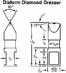 Made in USA - 0.02" Radius Single Point Diaform Diamond Dresser - 1-3/8" Long x 1/4" Shank Diam, 60° Included Angle - Caliber Tooling