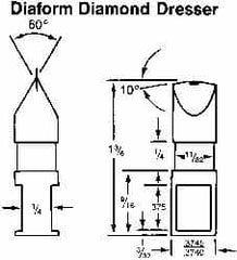 Made in USA - 0.02" Radius Single Point Diaform Diamond Dresser - 1-3/8" Long x 1/4" Shank Diam, 60° Included Angle - Caliber Tooling