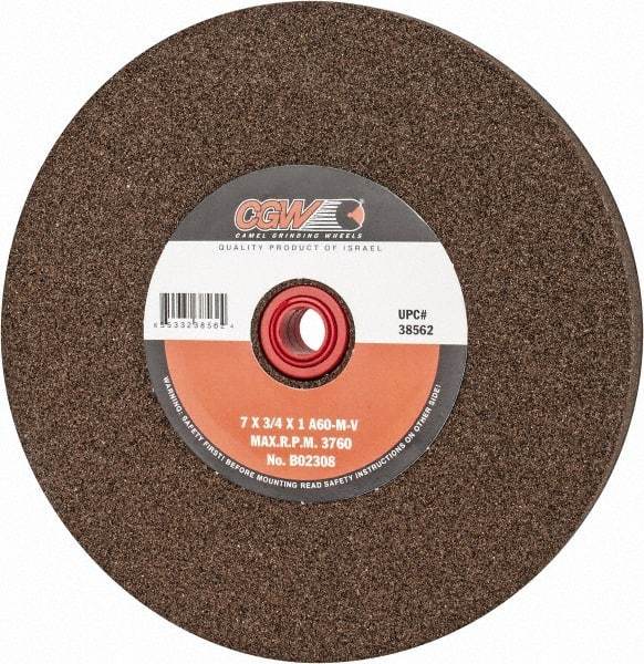 Camel Grinding Wheels - 60 Grit Aluminum Oxide Bench & Pedestal Grinding Wheel - 7" Diam x 1" Hole x 3/4" Thick, 3760 Max RPM, M Hardness, Medium Grade , Vitrified Bond - Caliber Tooling