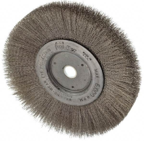 Weiler - 6" OD, 5/8" Arbor Hole, Crimped Stainless Steel Wheel Brush - 3/4" Face Width, 1-7/16" Trim Length, 0.006" Filament Diam, 6,000 RPM - Caliber Tooling