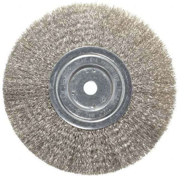 Weiler - 8" OD, 5/8" Arbor Hole, Crimped Stainless Steel Wheel Brush - 3/4" Face Width, 2-1/16" Trim Length, 0.0118" Filament Diam, 6,000 RPM - Caliber Tooling