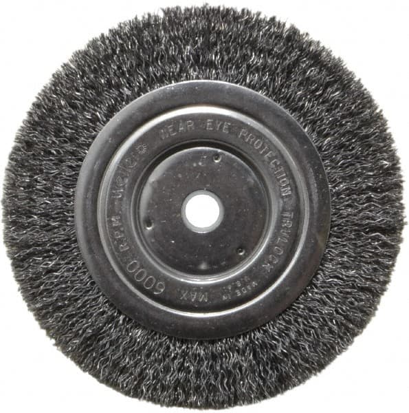 Weiler - 6" OD, 5/8" Arbor Hole, Crimped Steel Wheel Brush - 5/8" Face Width, 1-1/16" Trim Length, 0.014" Filament Diam, 6,000 RPM - Caliber Tooling