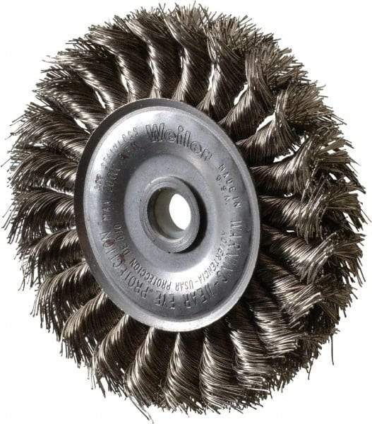 Weiler - 4" OD, 1/2" Arbor Hole, Knotted Stainless Steel Wheel Brush - 1/2" Face Width, 7/8" Trim Length, 0.014" Filament Diam, 20,000 RPM - Caliber Tooling