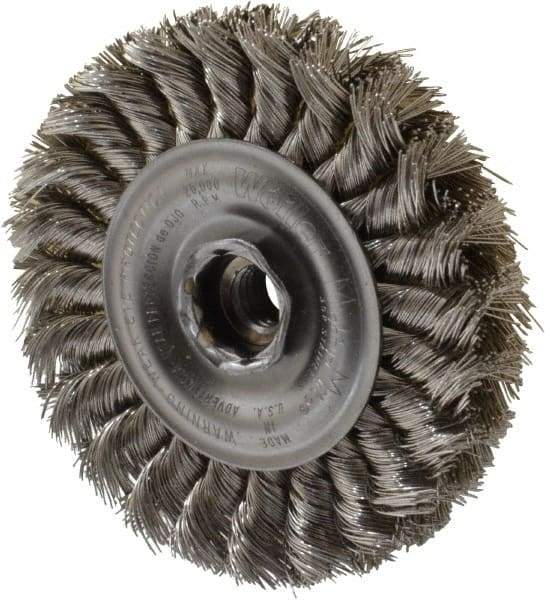 Weiler - 4" OD, 1/2-13 Arbor Hole, Knotted Stainless Steel Wheel Brush - 1/2" Face Width, 7/8" Trim Length, 0.014" Filament Diam, 20,000 RPM - Caliber Tooling