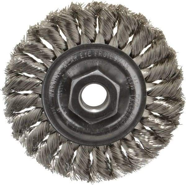 Weiler - 4" OD, 5/8-11 Arbor Hole, Knotted Stainless Steel Wheel Brush - 1/2" Face Width, 7/8" Trim Length, 0.014" Filament Diam, 20,000 RPM - Caliber Tooling